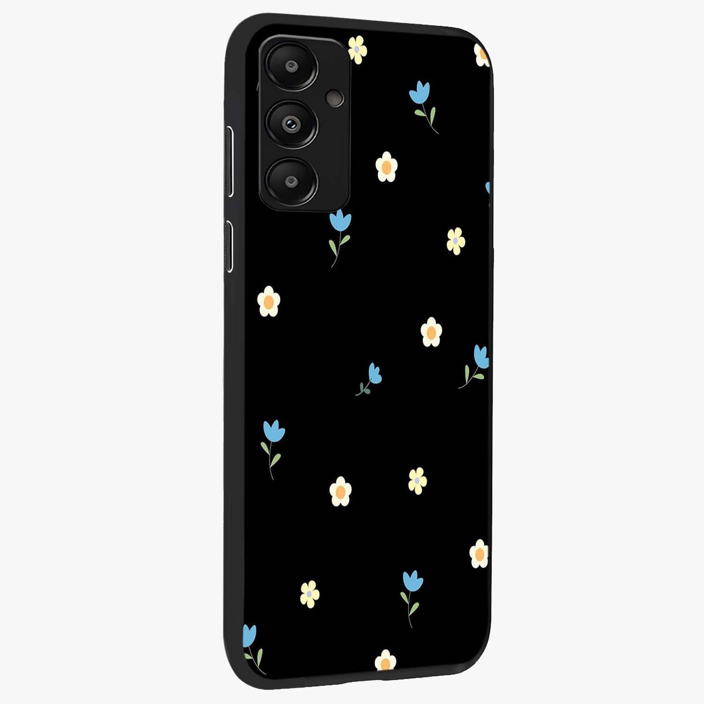 Minimal Petal Whispers Glass Case upright view showcasing elegant floral artwork with modern minimalist style.