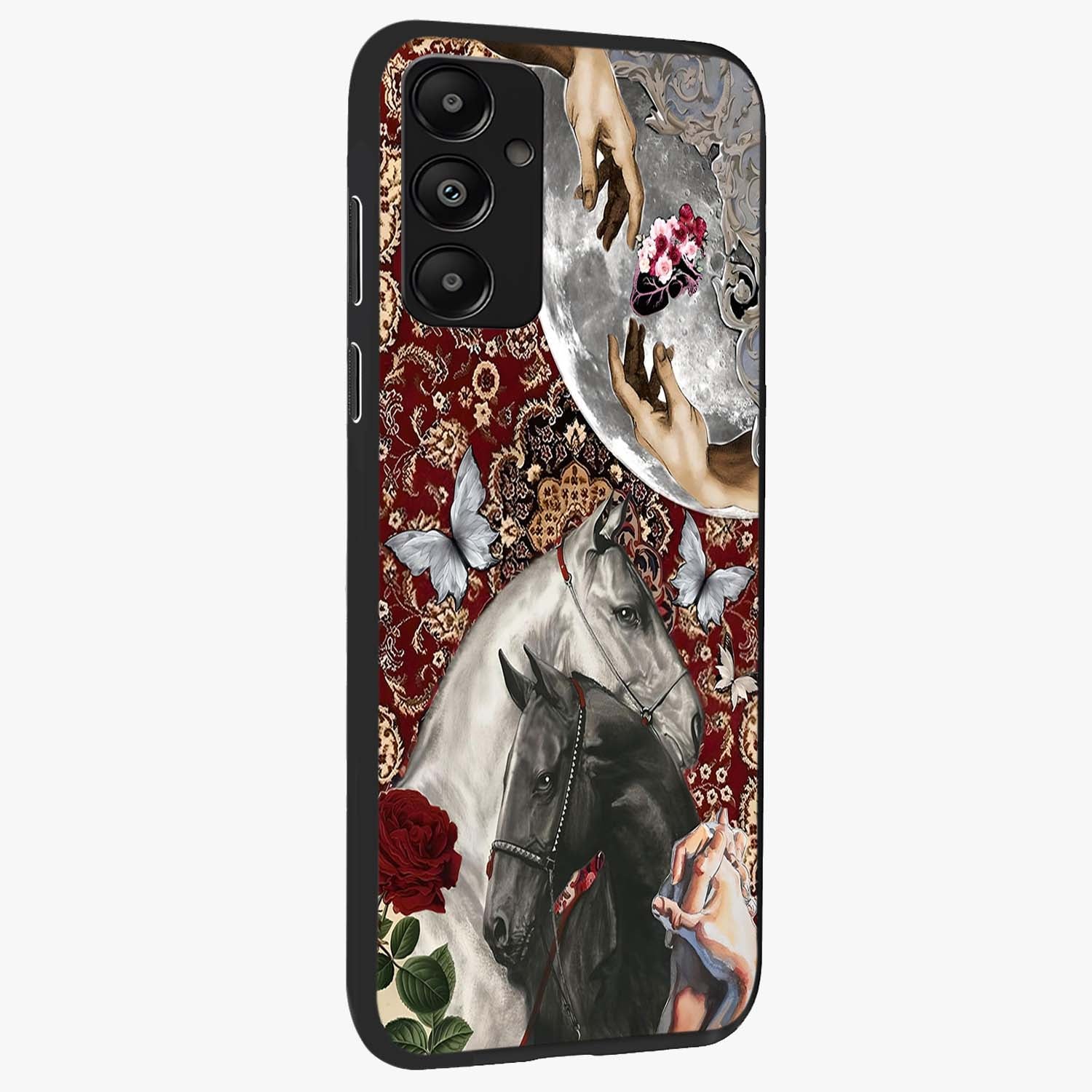 Moonlit Royal Stallion Glass Case upright view showcasing dramatic horse artwork with glowing moon themed design.