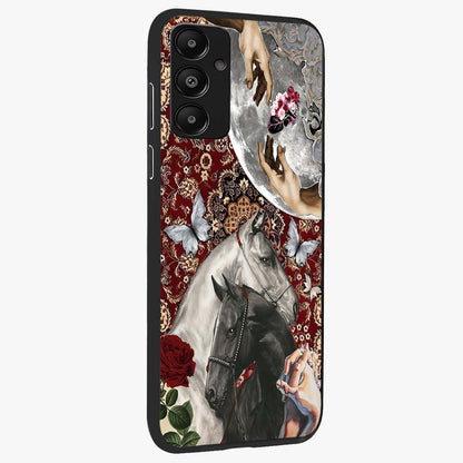 Moonlit Royal Stallion Glass Case upright view showcasing dramatic horse artwork with glowing moon themed design.