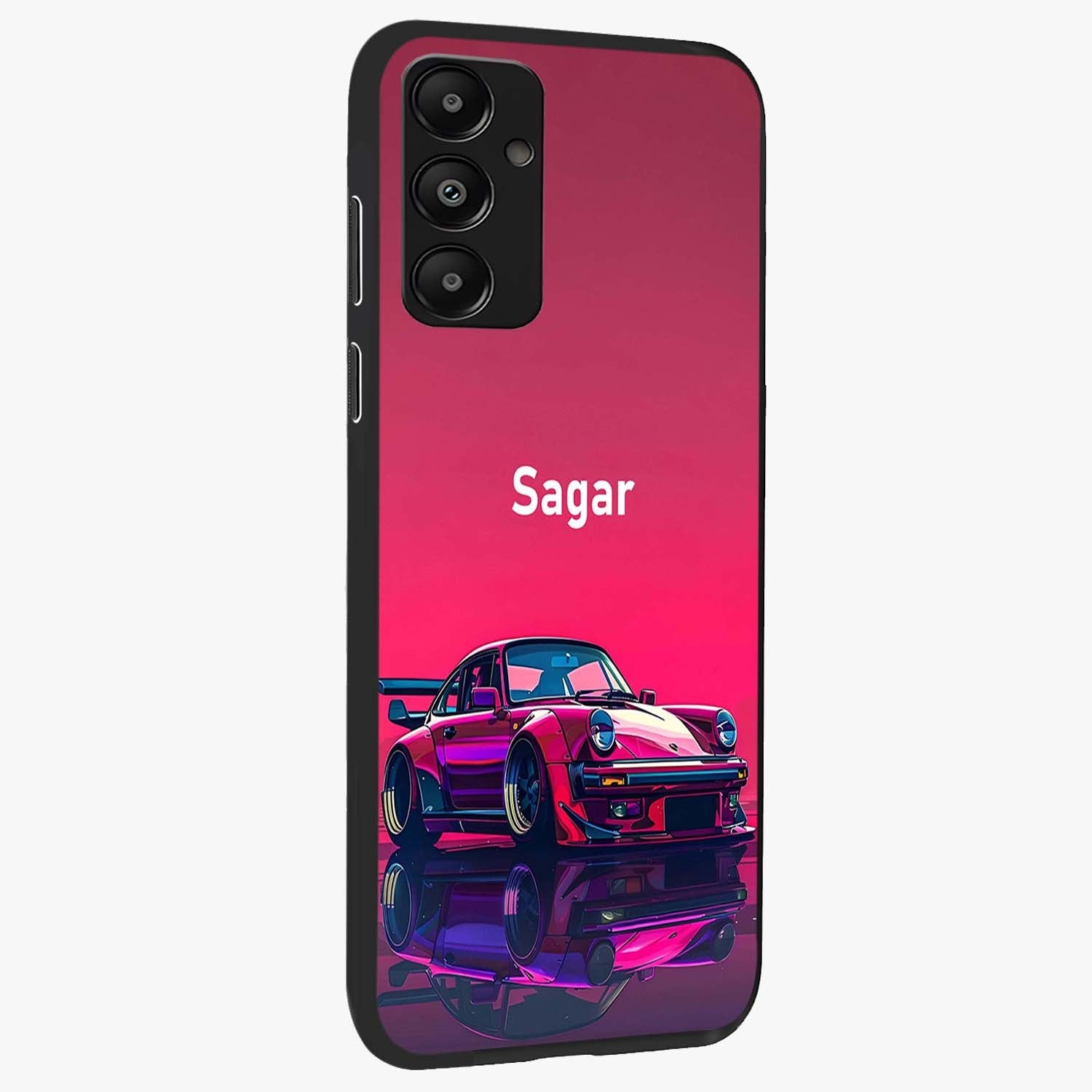 Neon Pink Porsche Glass Case upright view showcasing vibrant sports car artwork with bold automotive theme.