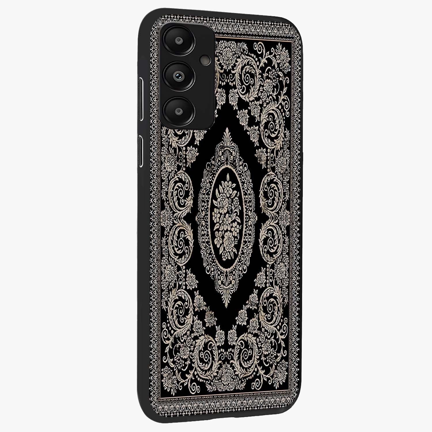 Noir Bloom Elegance Glass Case upright view showcasing graceful floral artwork with luxurious dark theme.