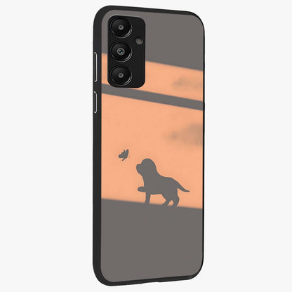 Puppy Shadow Art Glass Case upright view showcasing charming puppy artwork with creative silhouette theme.