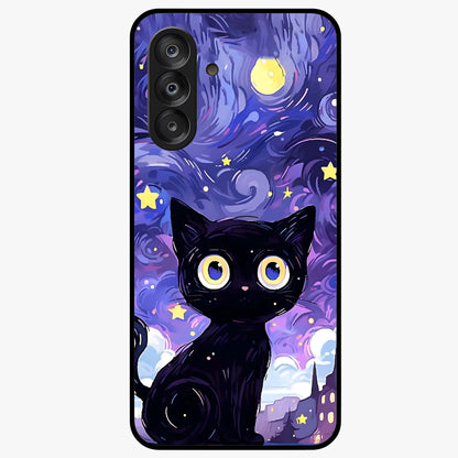 Abstract Cat Art Glass Case showing flat back view with artistic cat illustration and glossy glass finish.