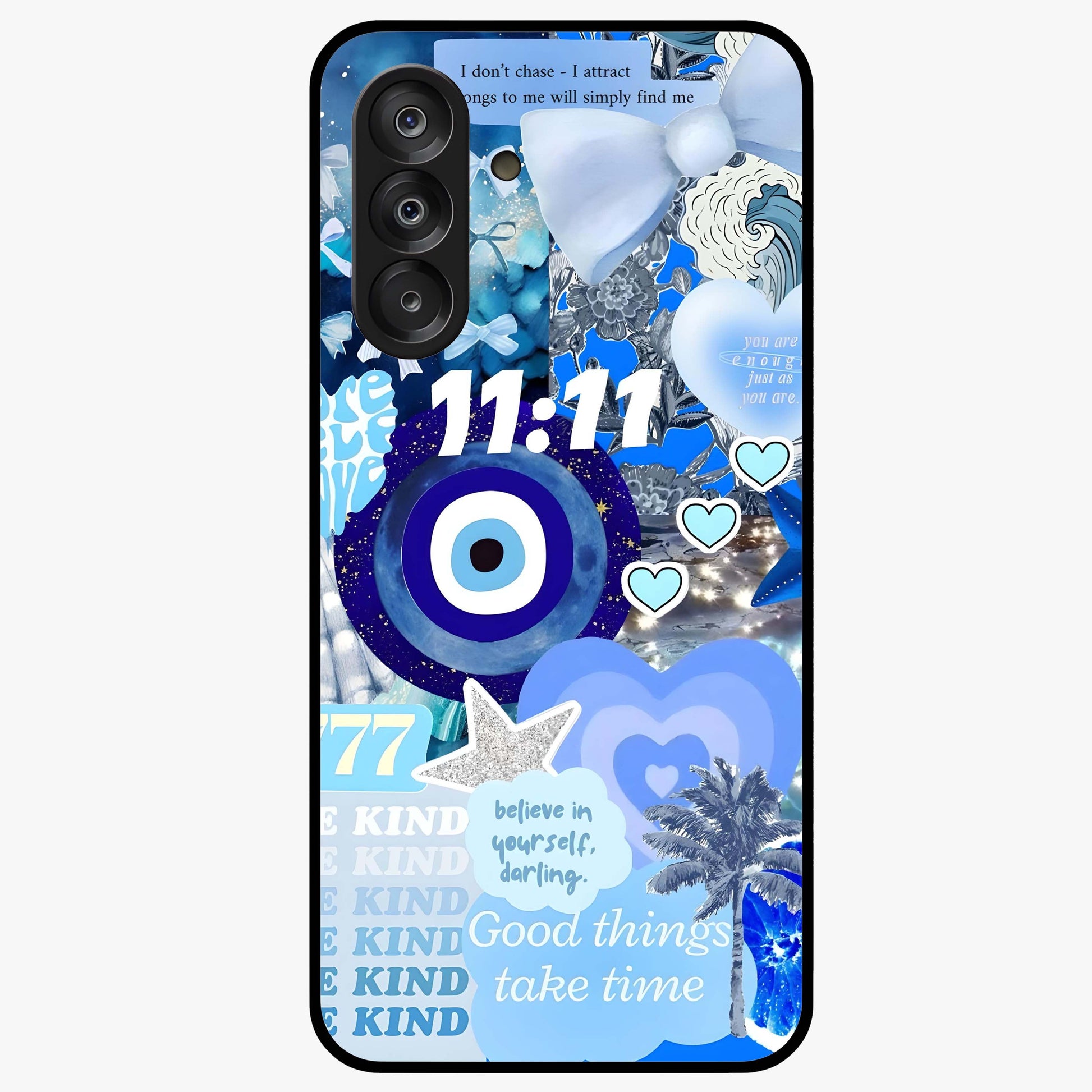 Aesthetic Be Kind Eye Glass Case showing flat back view with motivational eye artwork and glossy glass finish.