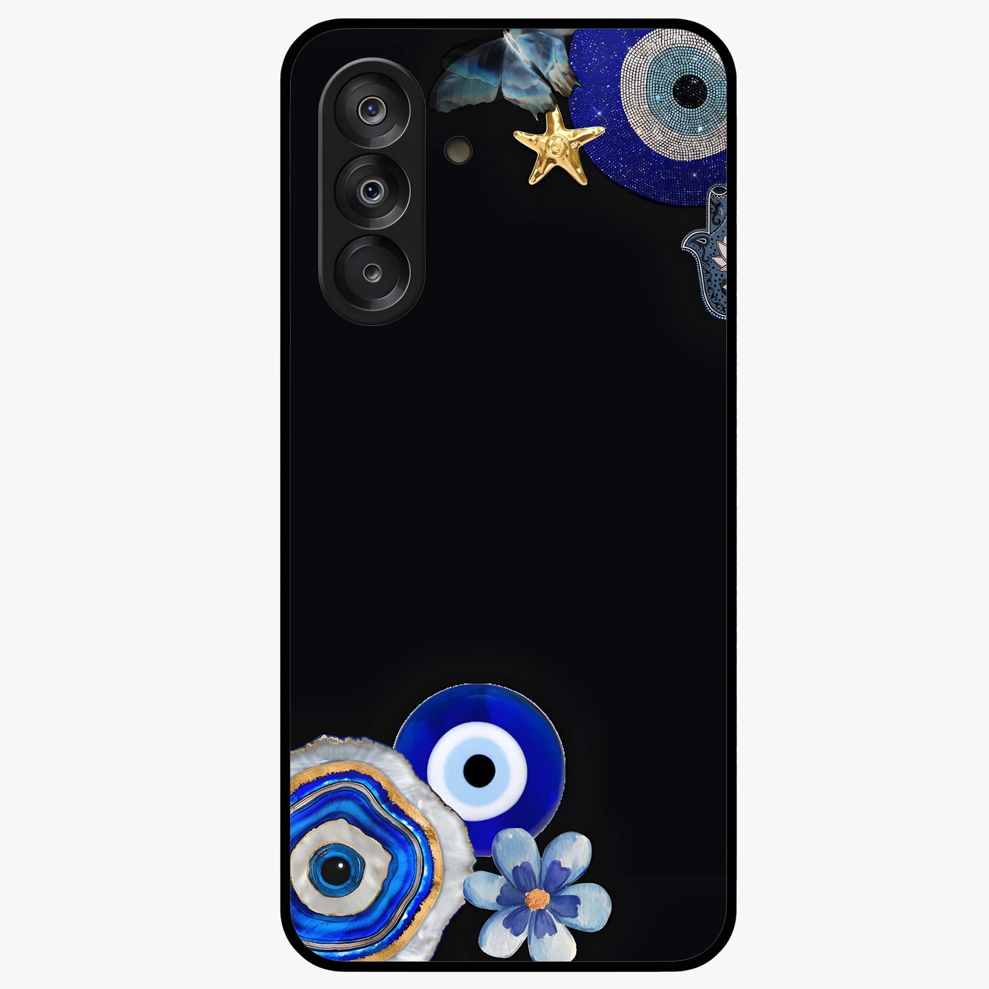 Aesthetic Blue Evil Eye Glass Case showing flat back view with protective evil eye artwork and glossy glass finish.
