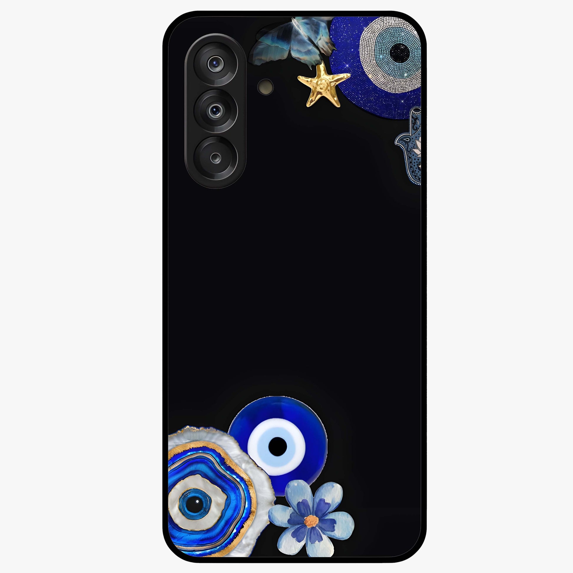 Aesthetic Blue Evil Eye Glass Case showing flat back view with protective evil eye artwork and glossy glass finish.
