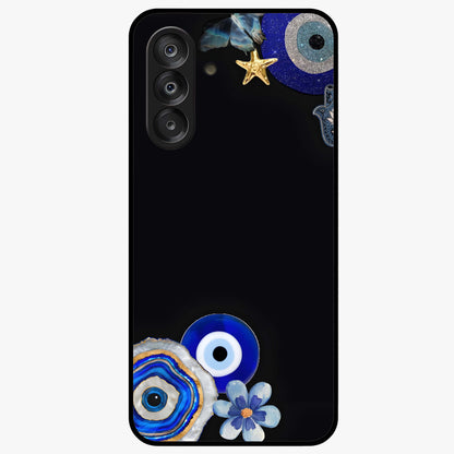 Aesthetic Blue Evil Eye Glass Case showing flat back view with protective evil eye artwork and glossy glass finish.