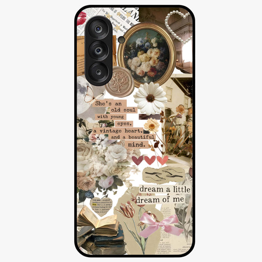 Aesthetic Brown Vintage Collage Glass Case showing flat back view with retro collage artwork and glossy glass finish.