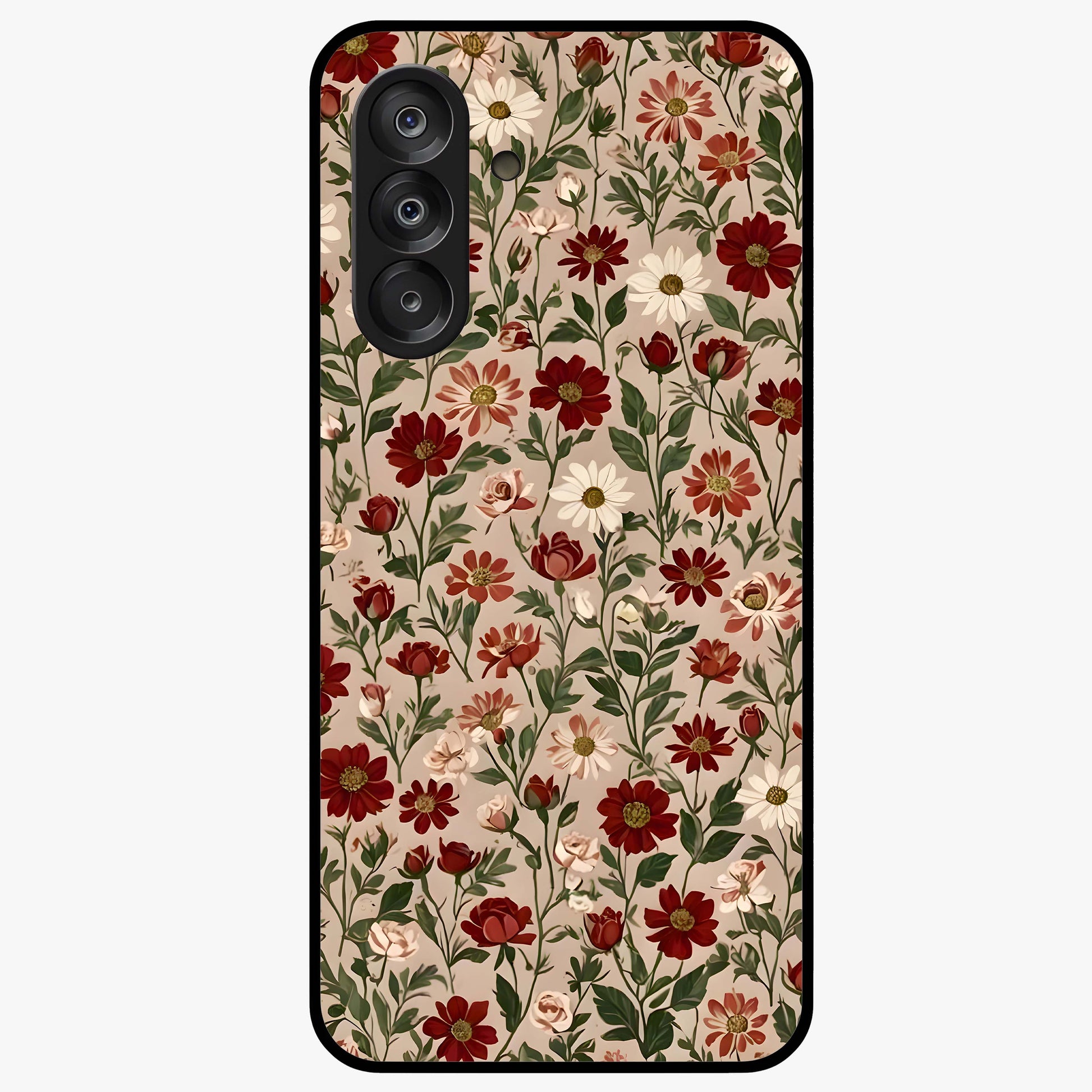Biege Flower With Leaf Glass Case showing flat back view with soft beige floral artwork and glossy glass finish.