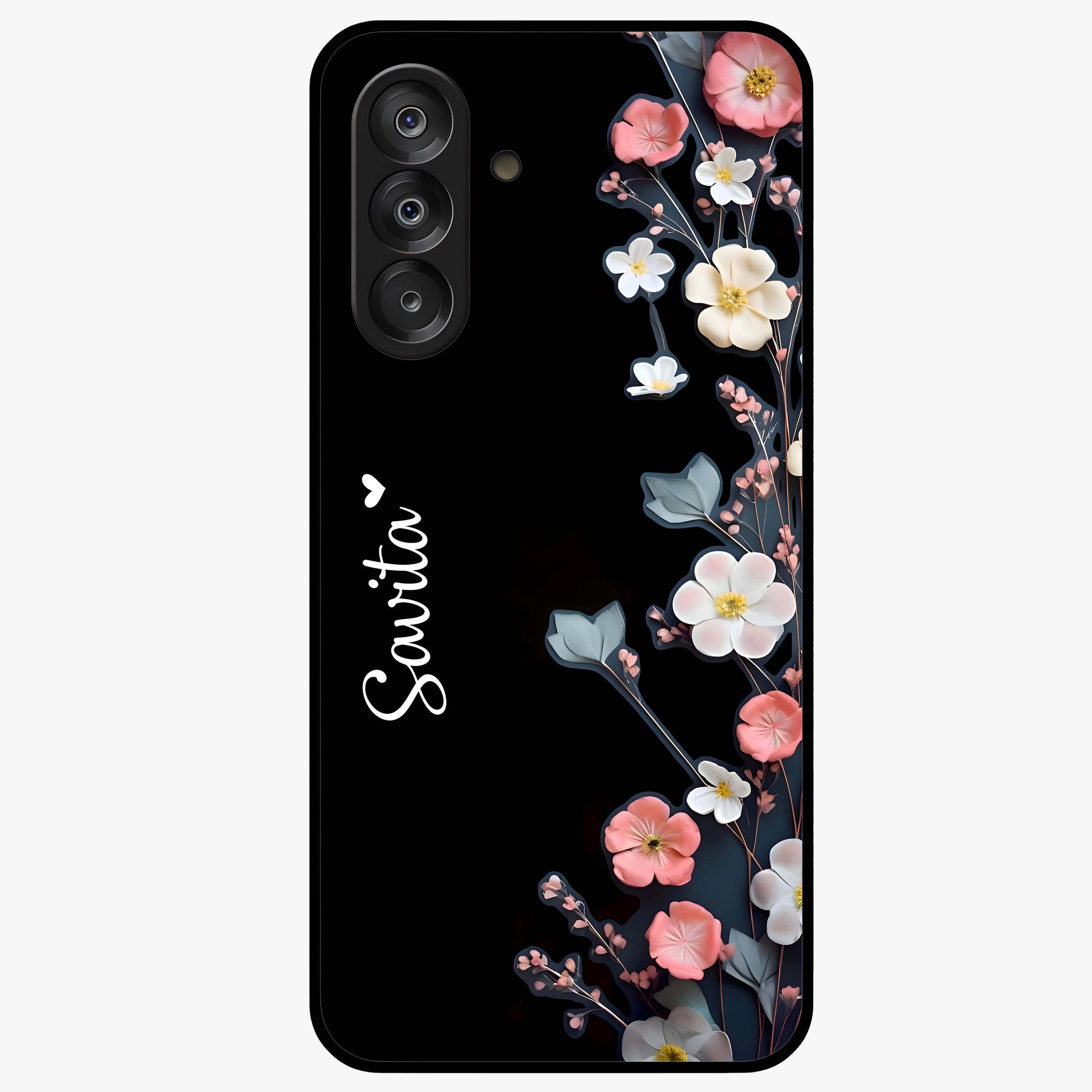 Black Elegance Floral Custom Name Glass Case showing flat back view with elegant floral artwork and personalized name design.