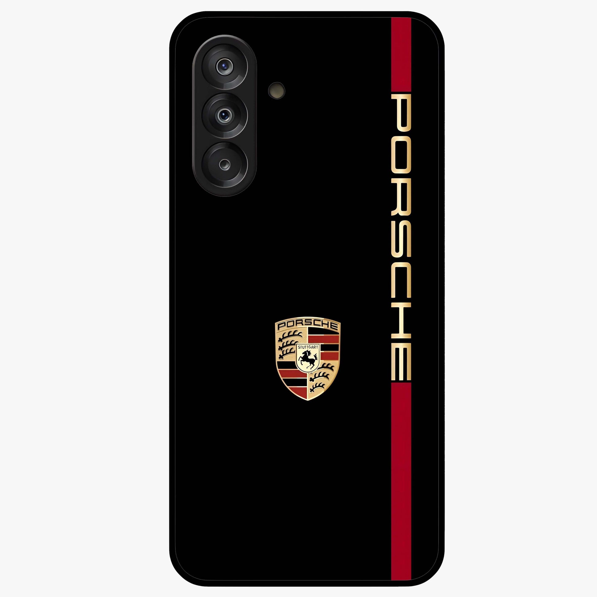 Black Minimal Porsche Glass Case showing flat back view with sleek minimal sports car artwork and glossy glass finish.