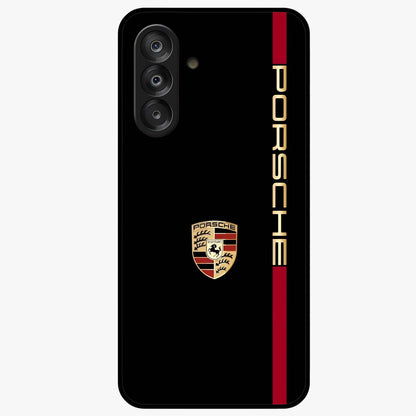 Black Minimal Porsche Glass Case showing flat back view with sleek minimal sports car artwork and glossy glass finish.