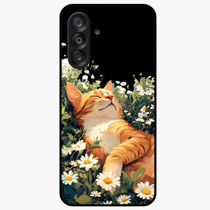 Blissful Bloom Cat Glass Case showing flat back view with cute cat and floral bloom artwork and glossy glass finish.