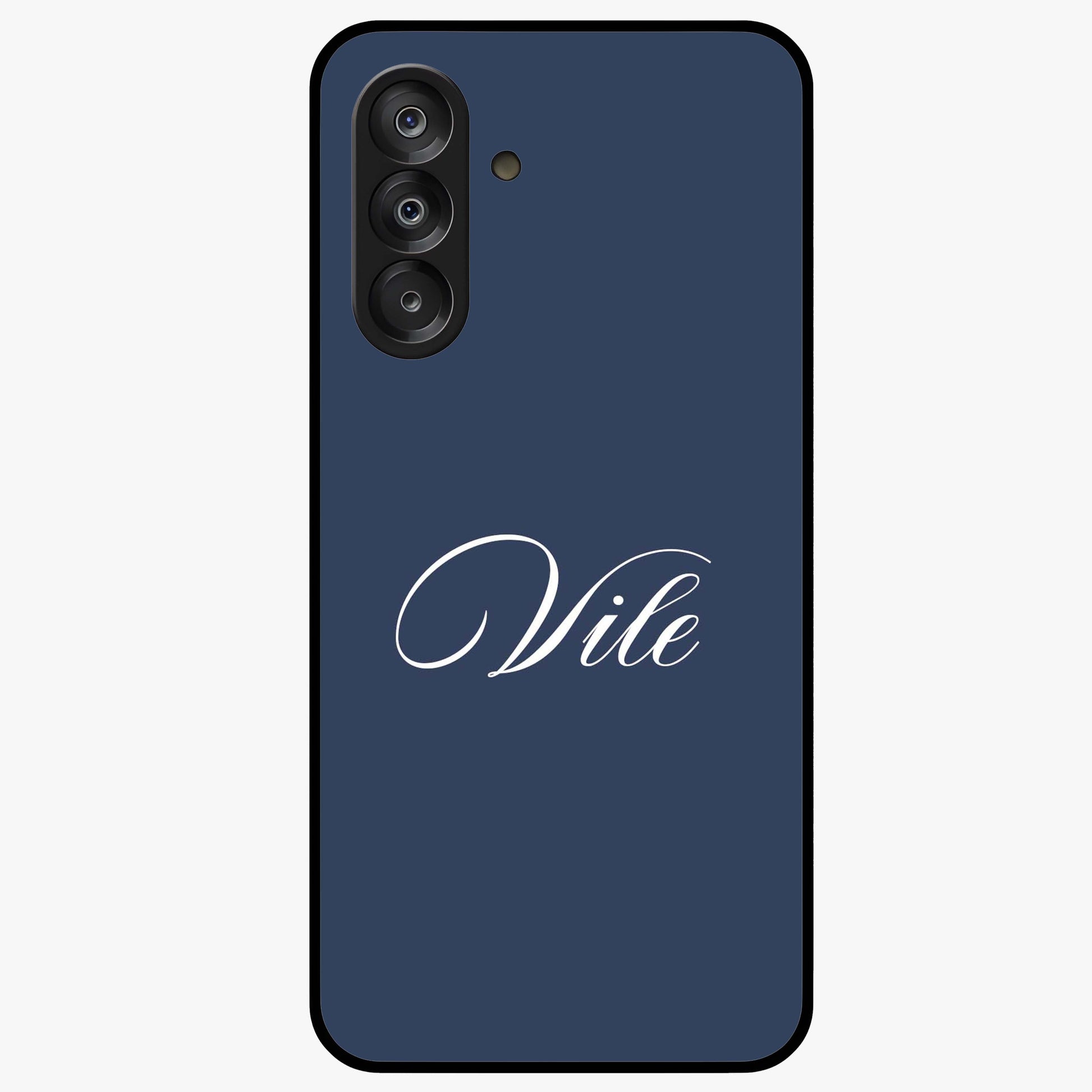 Blue Background Personalized Custom Name Glass Case showing flat back view with minimal blue background and custom name design.
