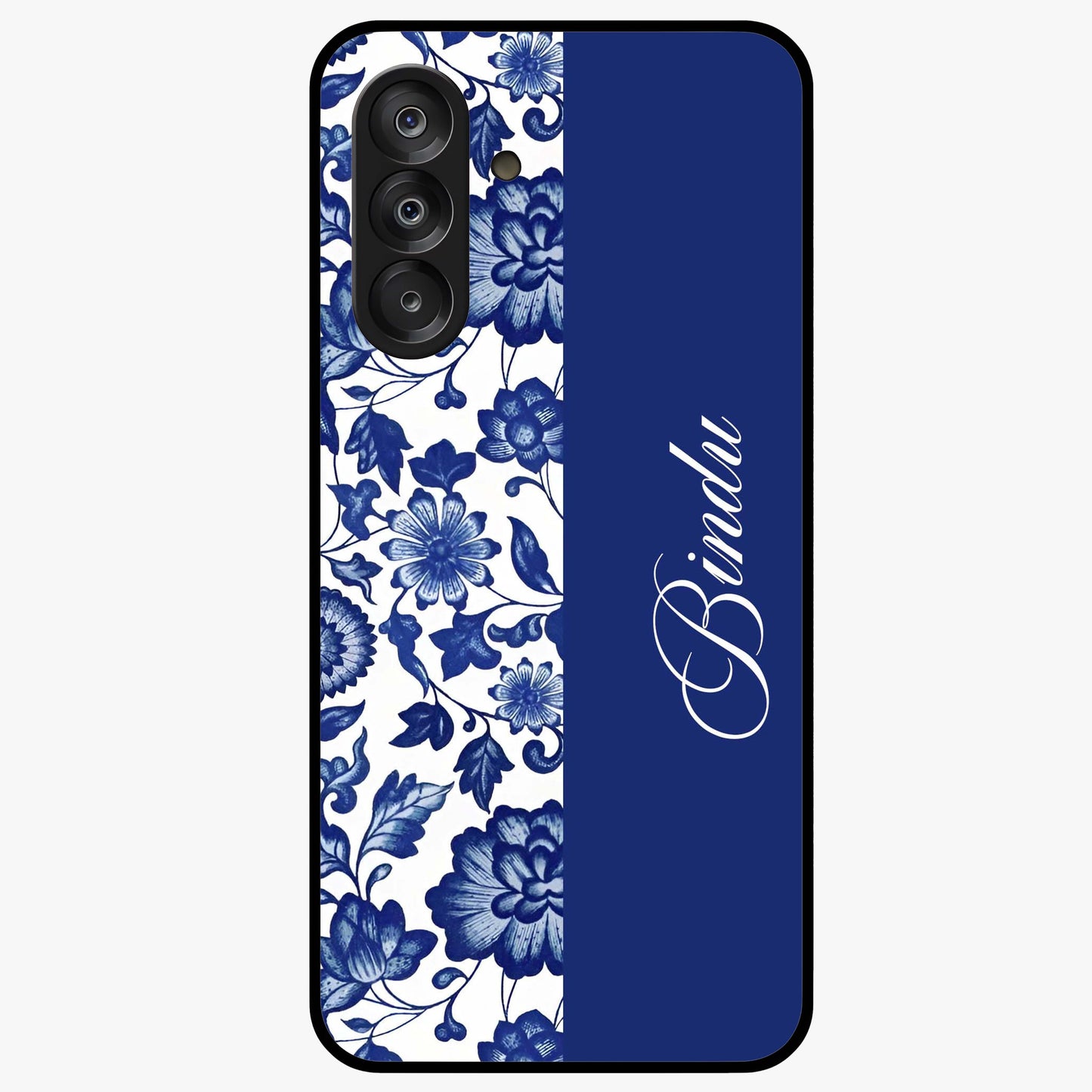 Blue Vintage Floral Pattern Glass Case upright view showcasing timeless floral illustration with vintage inspired style.