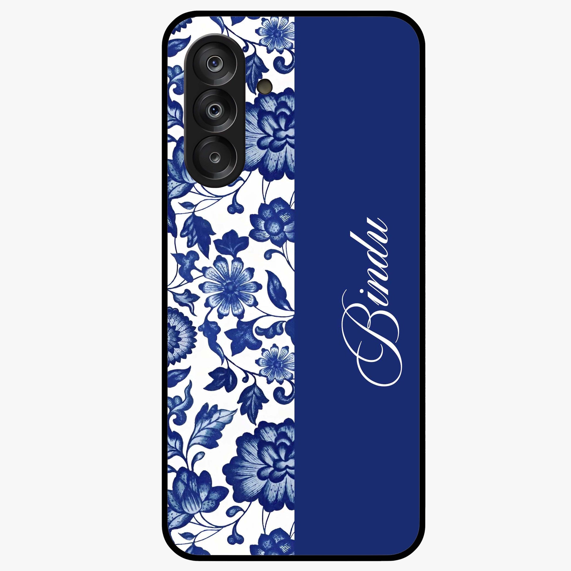 Blue Vintage Floral Pattern Glass Case upright view showcasing timeless floral illustration with vintage inspired style.