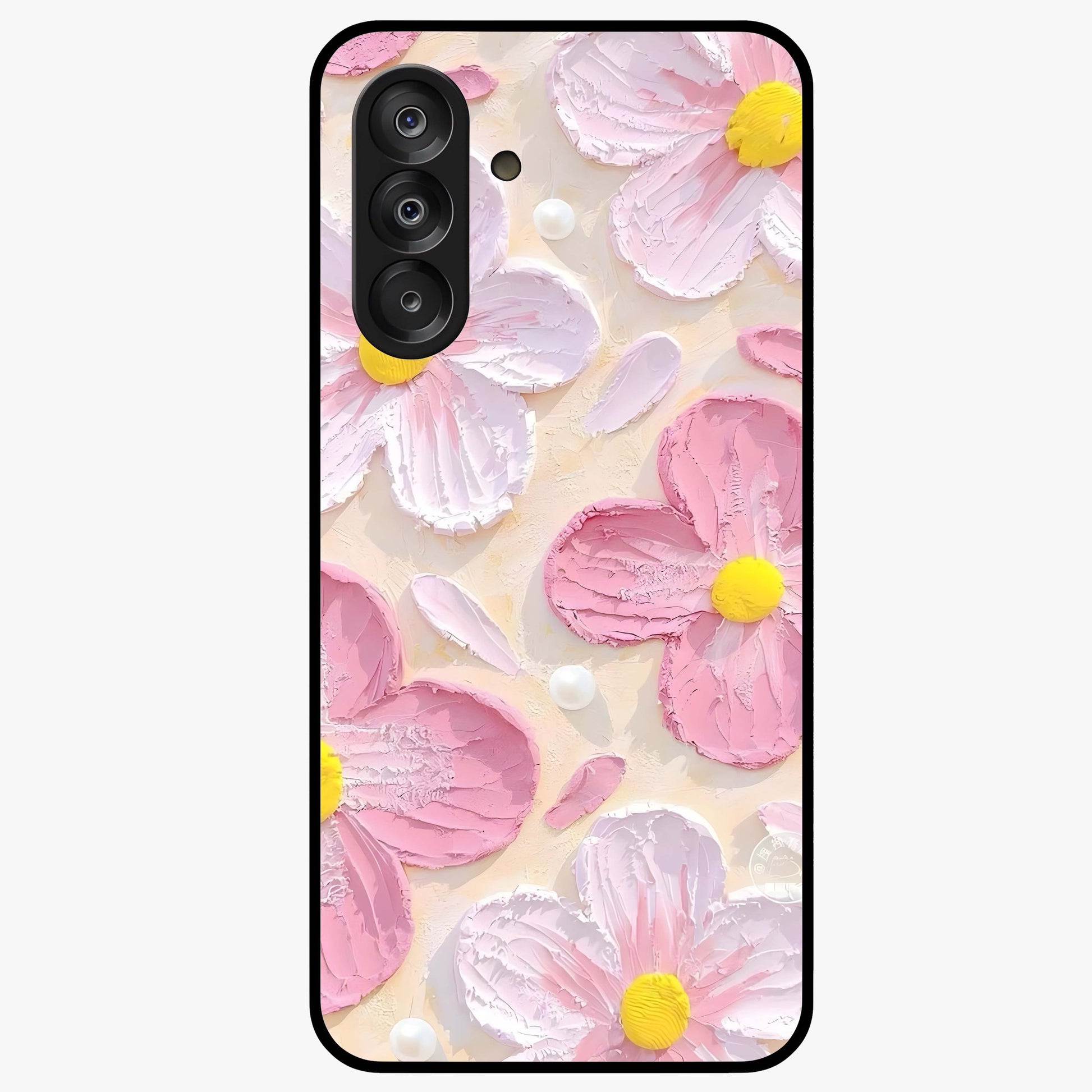 Blush Bloom Texture Glass Case showing flat back view with soft blush floral texture artwork and glossy glass finish.