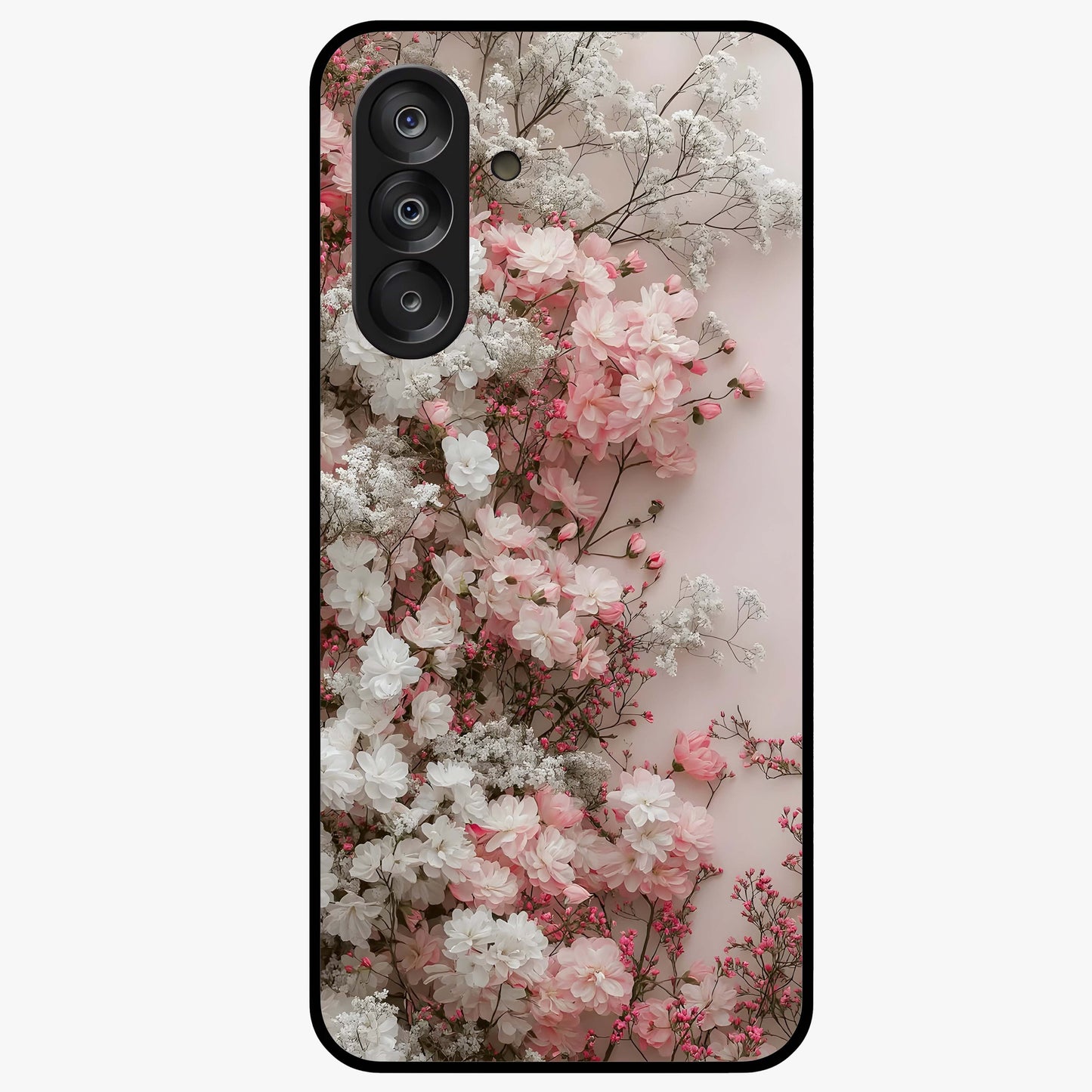 Blush Blossom Cloud Glass Case showing flat back view with dreamy blush cloud blossom artwork and glossy glass finish.