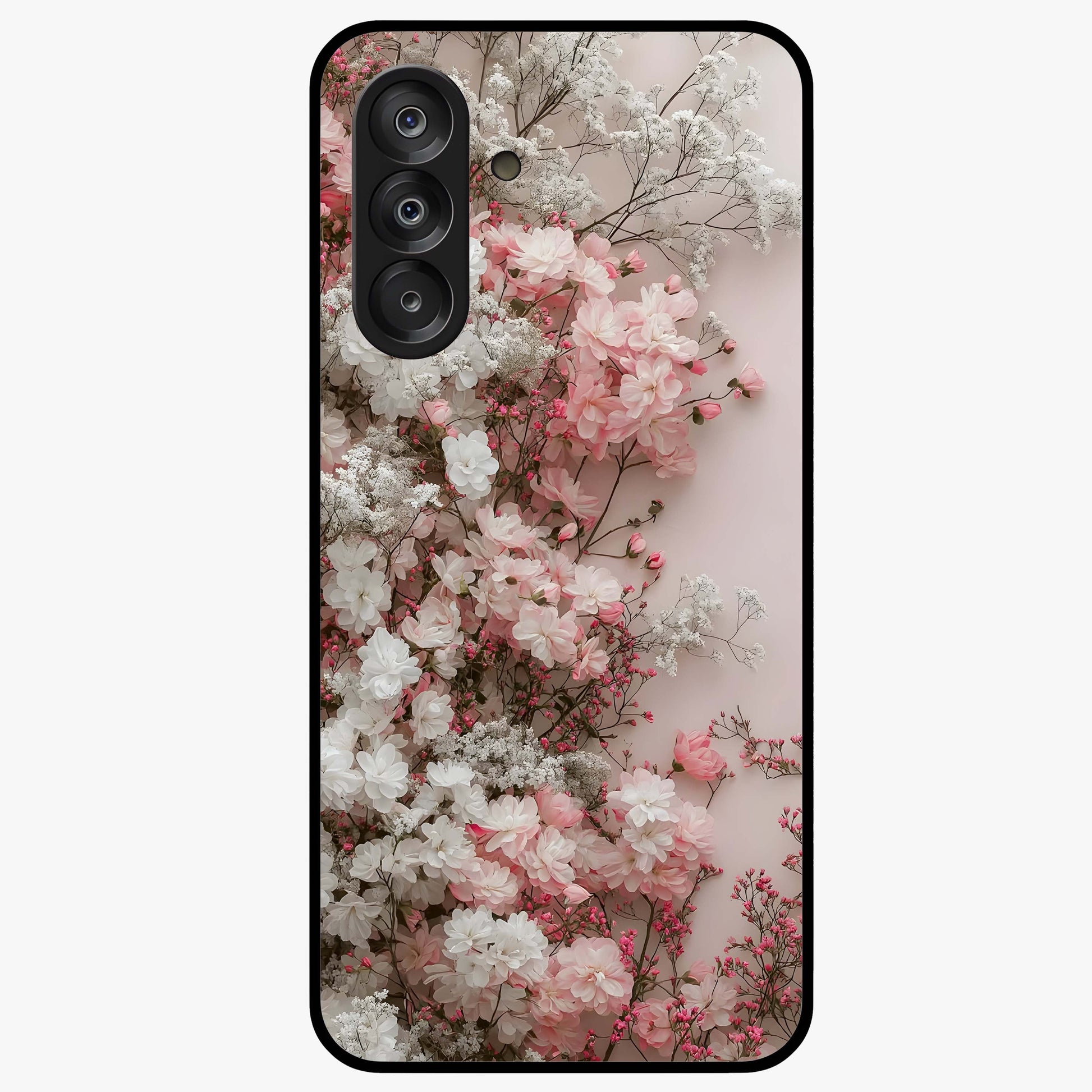 Blush Blossom Cloud Glass Case showing flat back view with dreamy blush cloud blossom artwork and glossy glass finish.