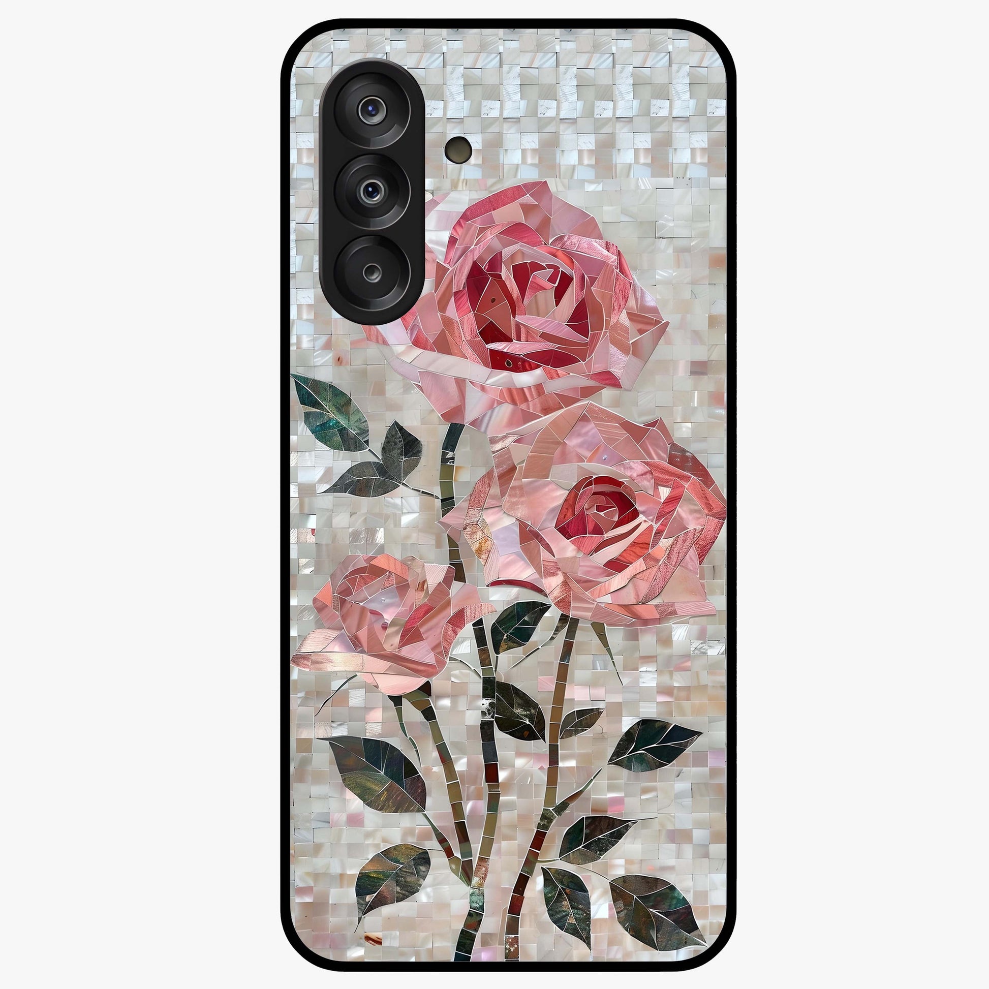 Blush Mosaic Bloom Glass Case showing flat back view with mosaic floral bloom artwork and glossy glass finish.