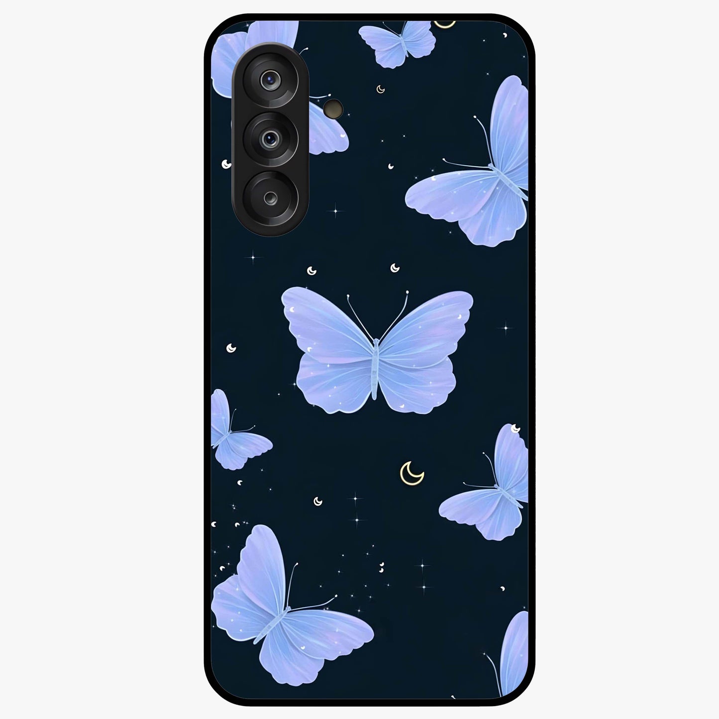 Butterfly With Stars Pattern Glass Case showing flat back view with butterfly and star pattern artwork and glossy glass finish.