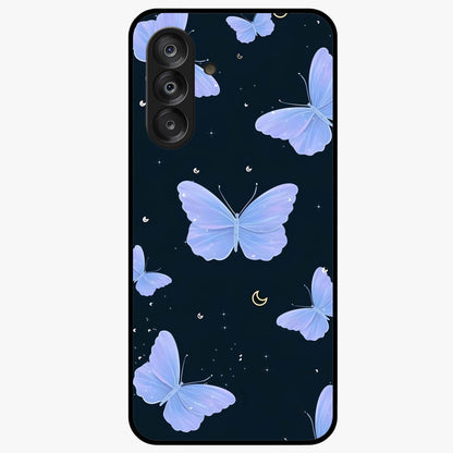 Butterfly With Stars Pattern Glass Case showing flat back view with butterfly and star pattern artwork and glossy glass finish.