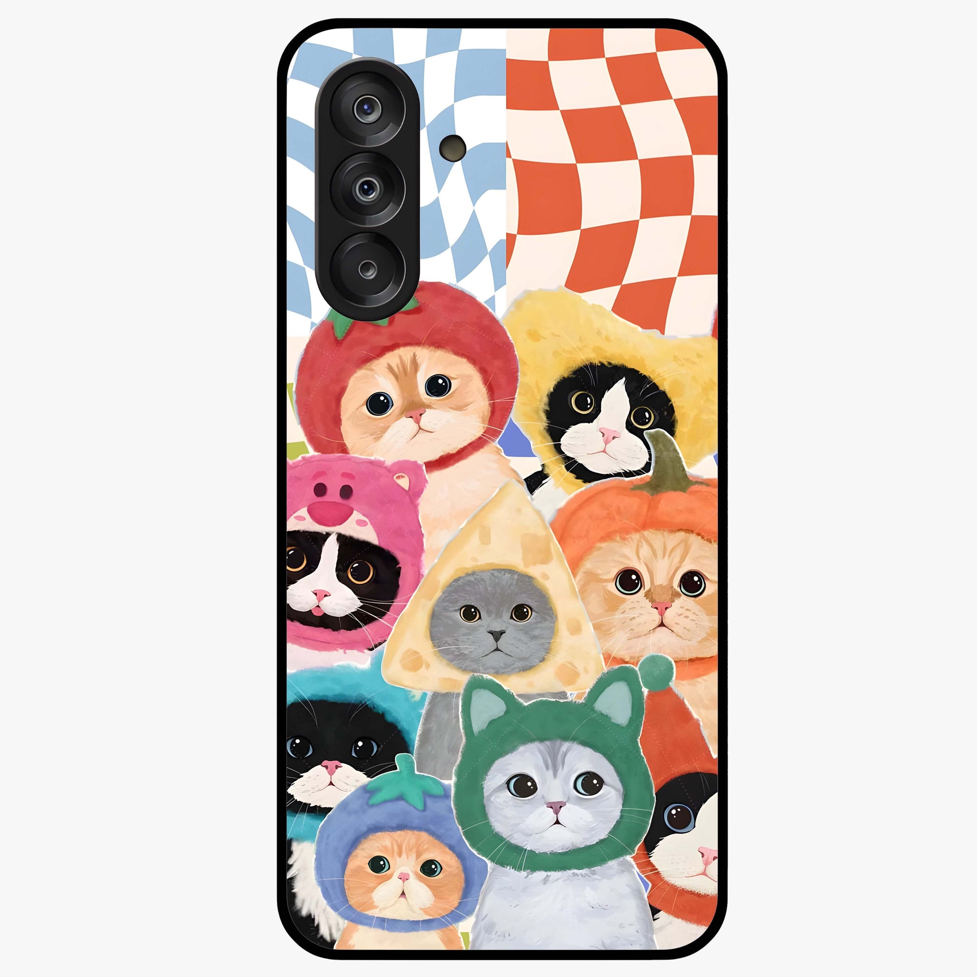Cats in Fruits Glass Case showing flat back view with playful cat illustrations inside fruit artwork and glossy glass finish.