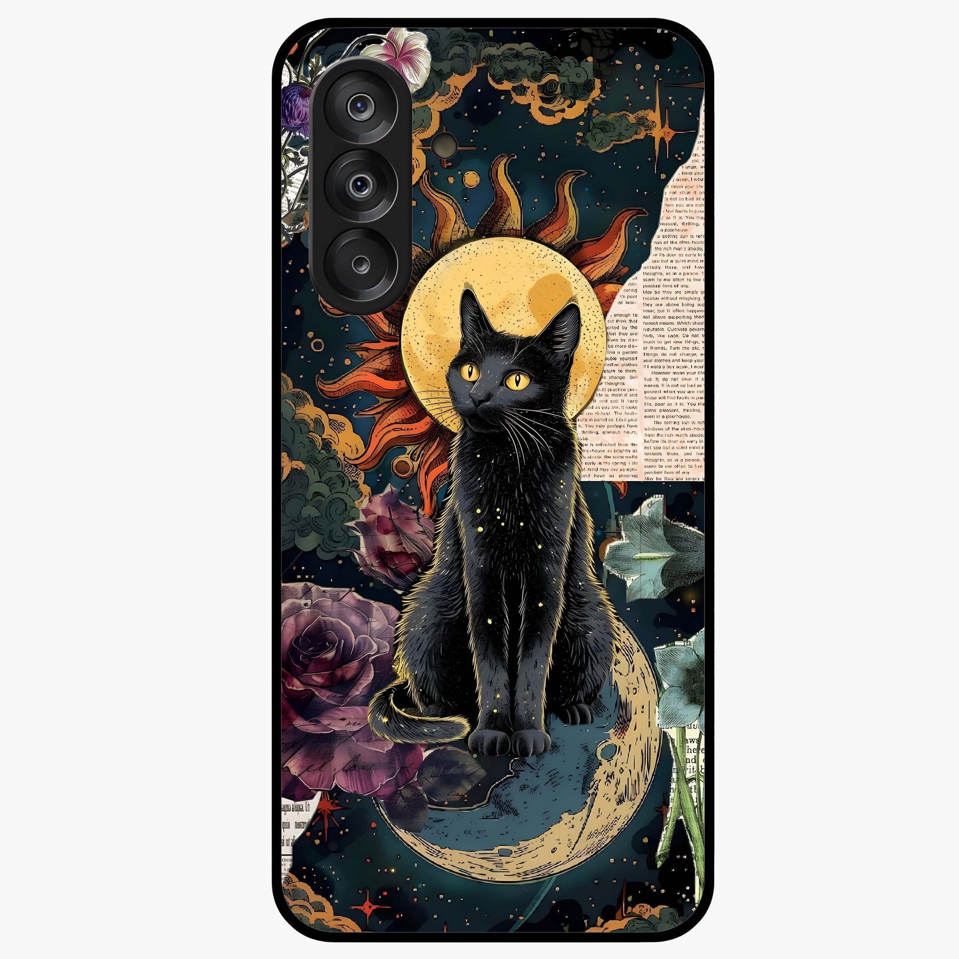 Celestial Black Cat Glass Case showing flat back view with mystical black cat artwork and glossy glass finish.