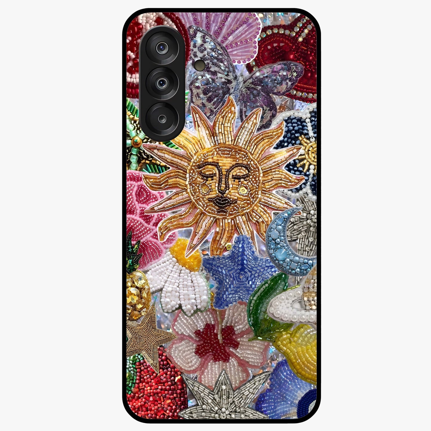 Celestial Floral and Playful Glass Case showing flat back view with floral and celestial themed artwork and glossy glass finish.