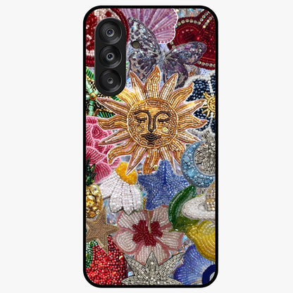 Celestial Floral and Playful Glass Case showing flat back view with floral and celestial themed artwork and glossy glass finish.