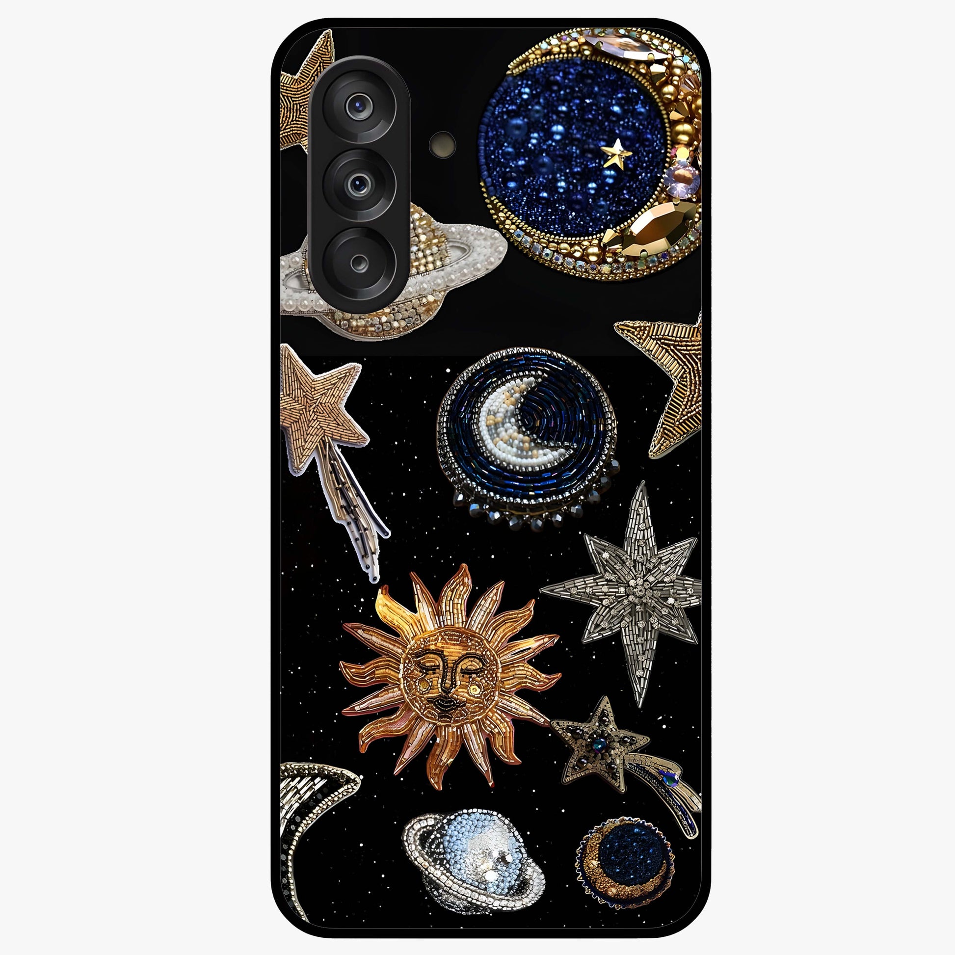 Celestial Gem Constellations Glass Case showing flat back view with sparkling constellation artwork and glossy glass finish.