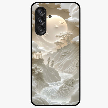Celestial Origami Glass Case showing flat back view with artistic origami inspired celestial artwork and glossy glass finish.