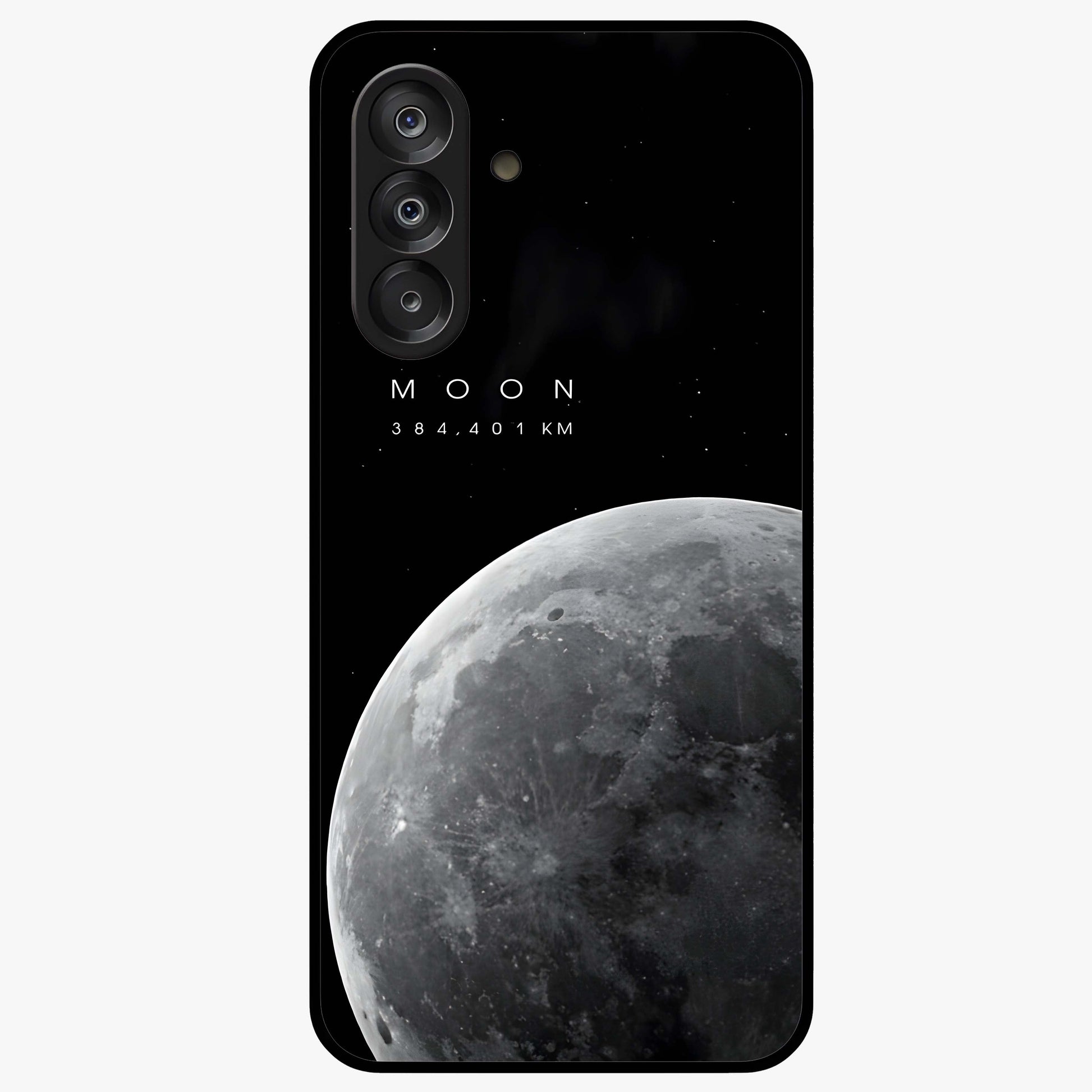 Cosmic Moon Glow Glass Case showing flat back view with glowing moon artwork and glossy glass finish.
