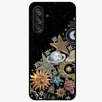 Cosmic Sparkle Dreams Glass Case showing flat back view with sparkling cosmic artwork and glossy glass finish.
