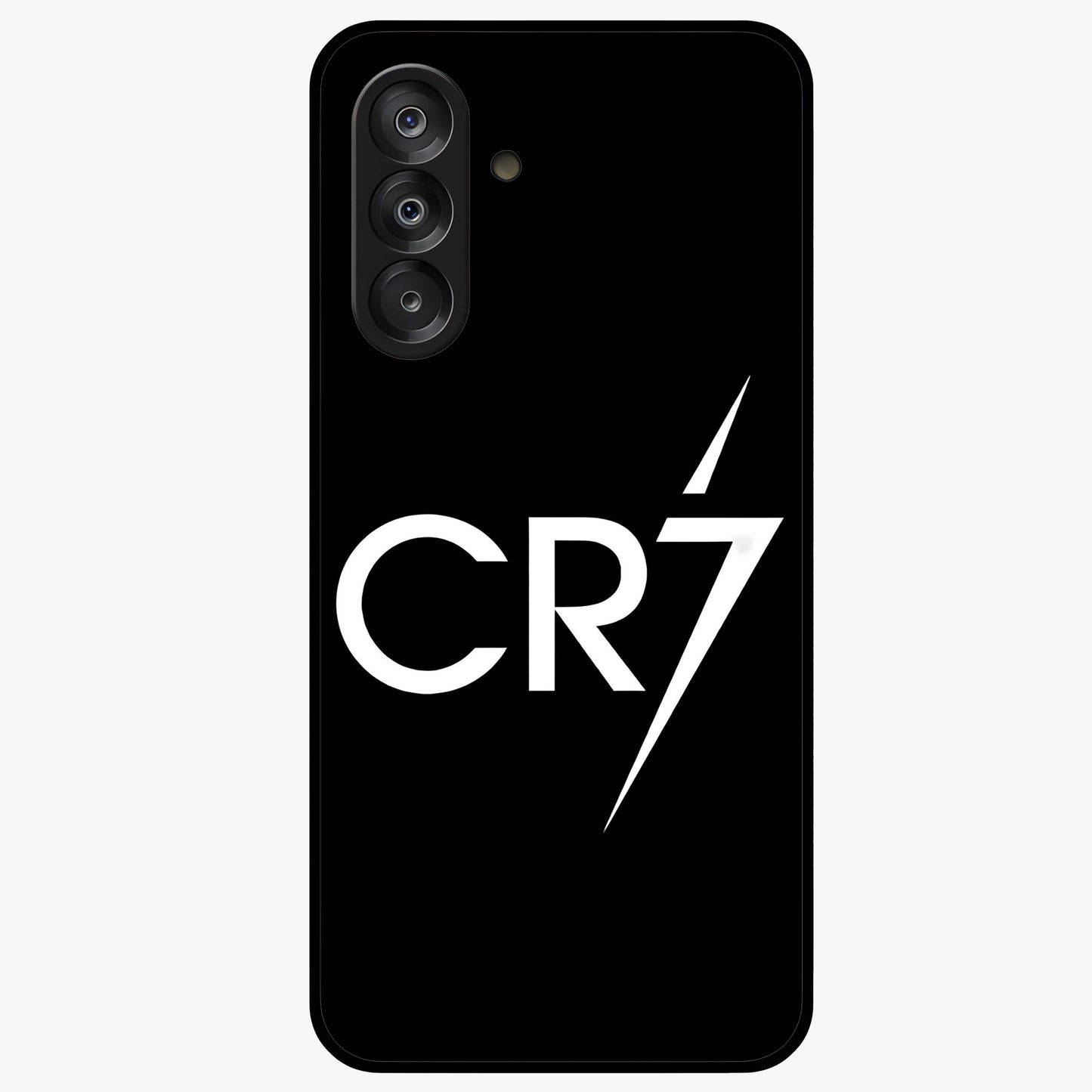 Cr7 Elite Strike Glass Case showing flat back view with dynamic football inspired artwork and glossy glass finish.