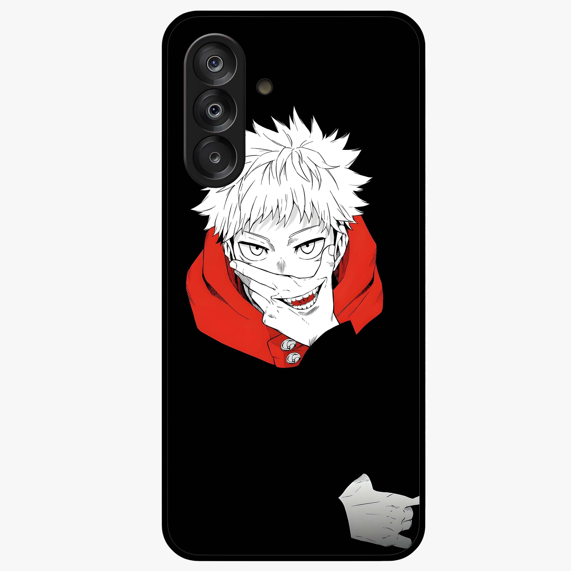 Crimson Chaos Smile Glass Case showing flat back view with bold chaotic smile artwork and glossy glass finish.