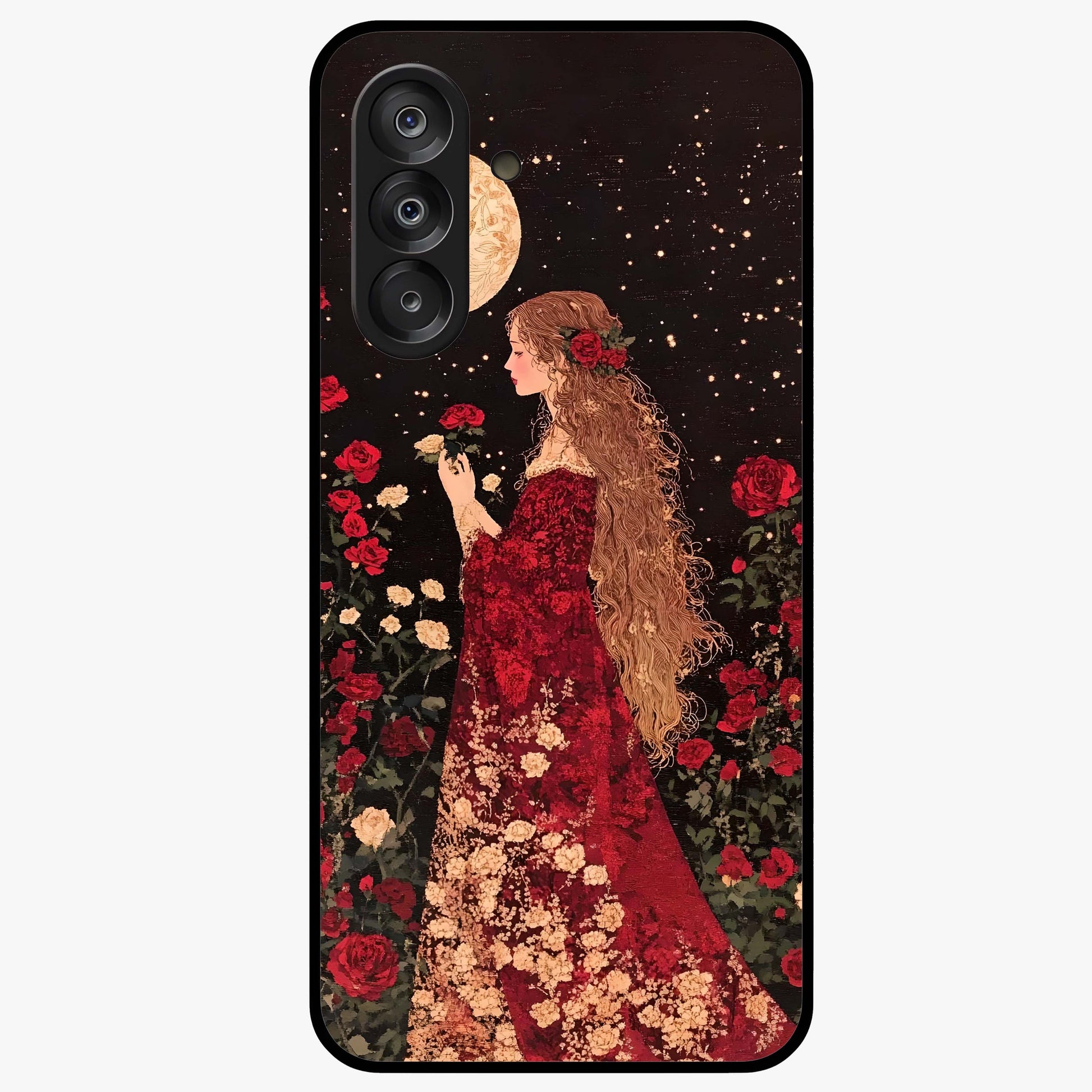 Crimson Dreams Glass Case showing flat back view with dreamy crimson artwork and glossy glass finish.