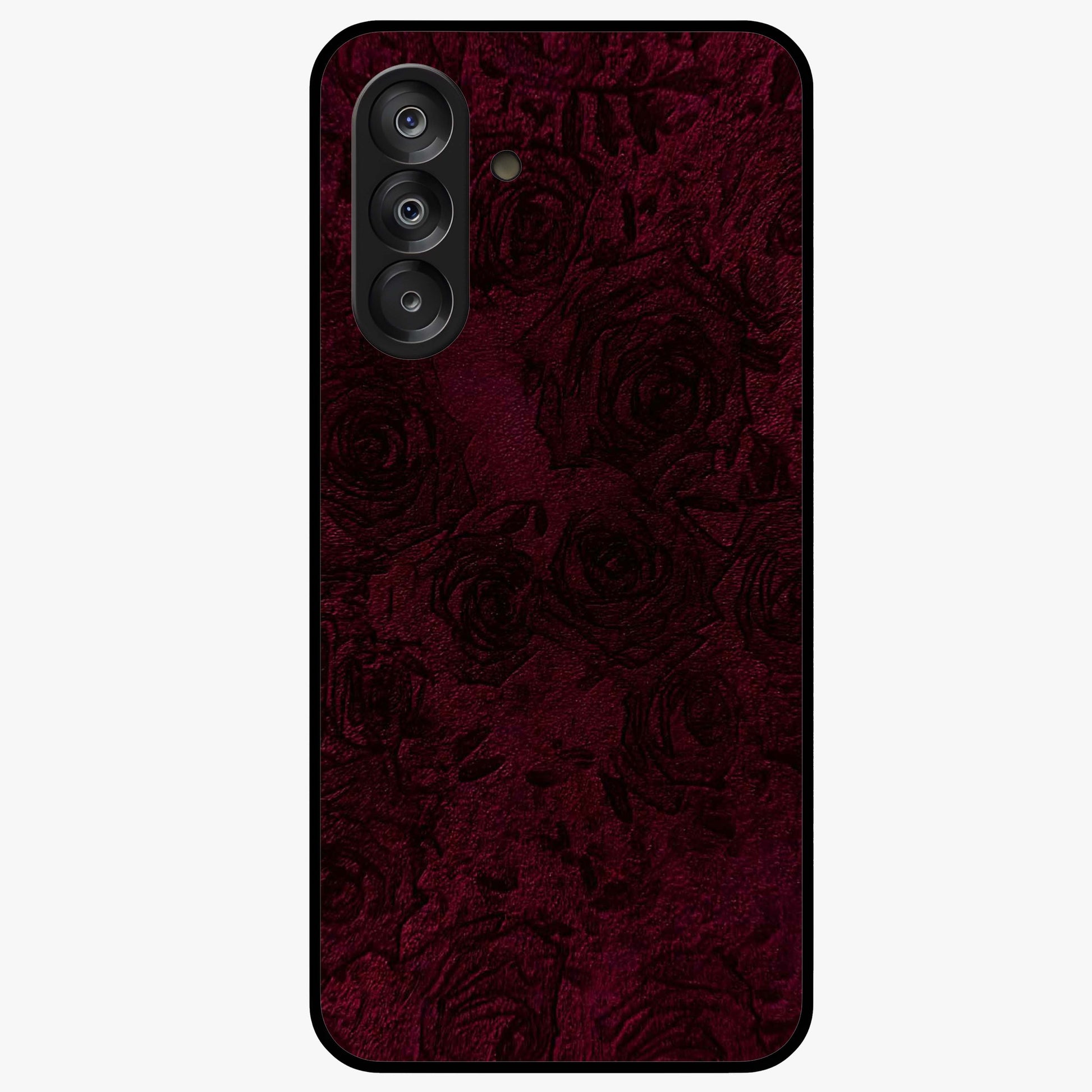 Crimson Fade Flow Glass Case showing flat back view with flowing crimson gradient artwork and glossy glass finish.