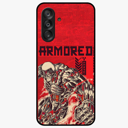 Crimson Mecha Titan Glass Case showing flat back view with powerful mech titan artwork and glossy glass finish.