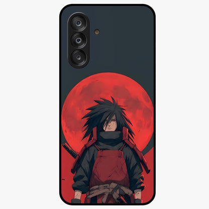 Crimson Moon Warlord Glass Case showing flat back view with mystical moon warrior artwork and glossy glass finish.
