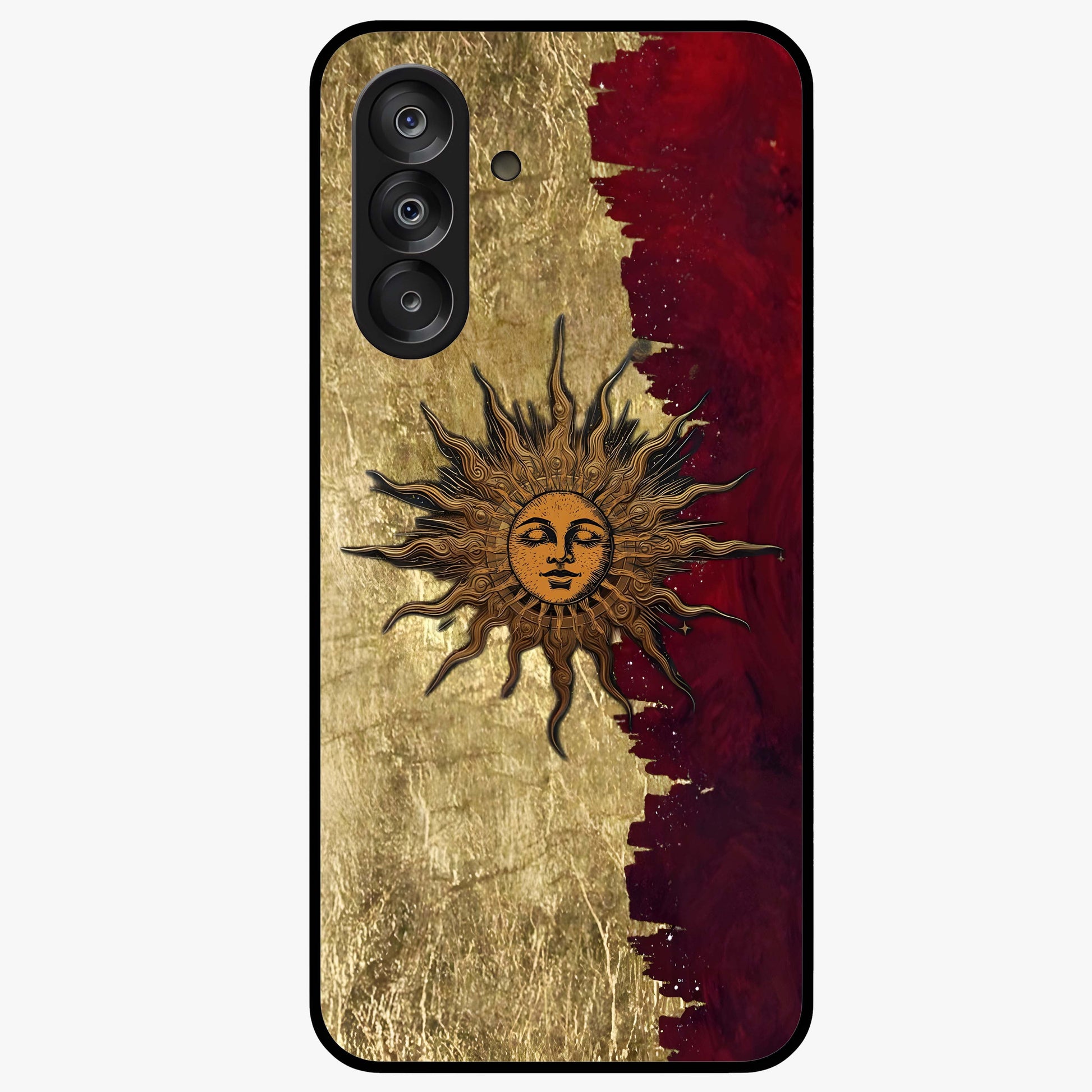 Crimson Sun Majesty Glass Case showing flat back view with radiant sun inspired artwork and glossy glass finish.