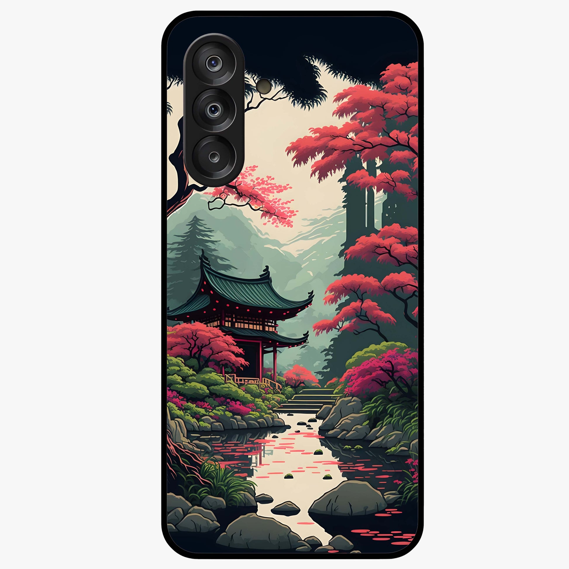 Crimson Temple View Glass Case showing flat back view with temple inspired artwork and glossy glass finish.