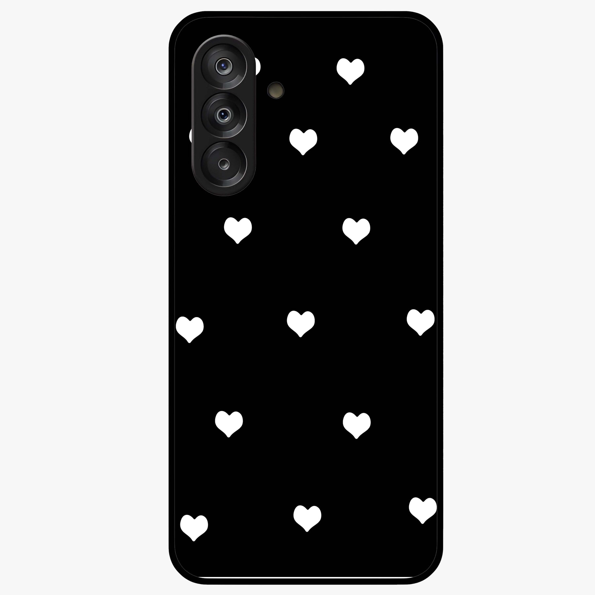 Cute And Simple White Hearts Glass Case showing flat back view with minimal white heart pattern and glossy glass finish.