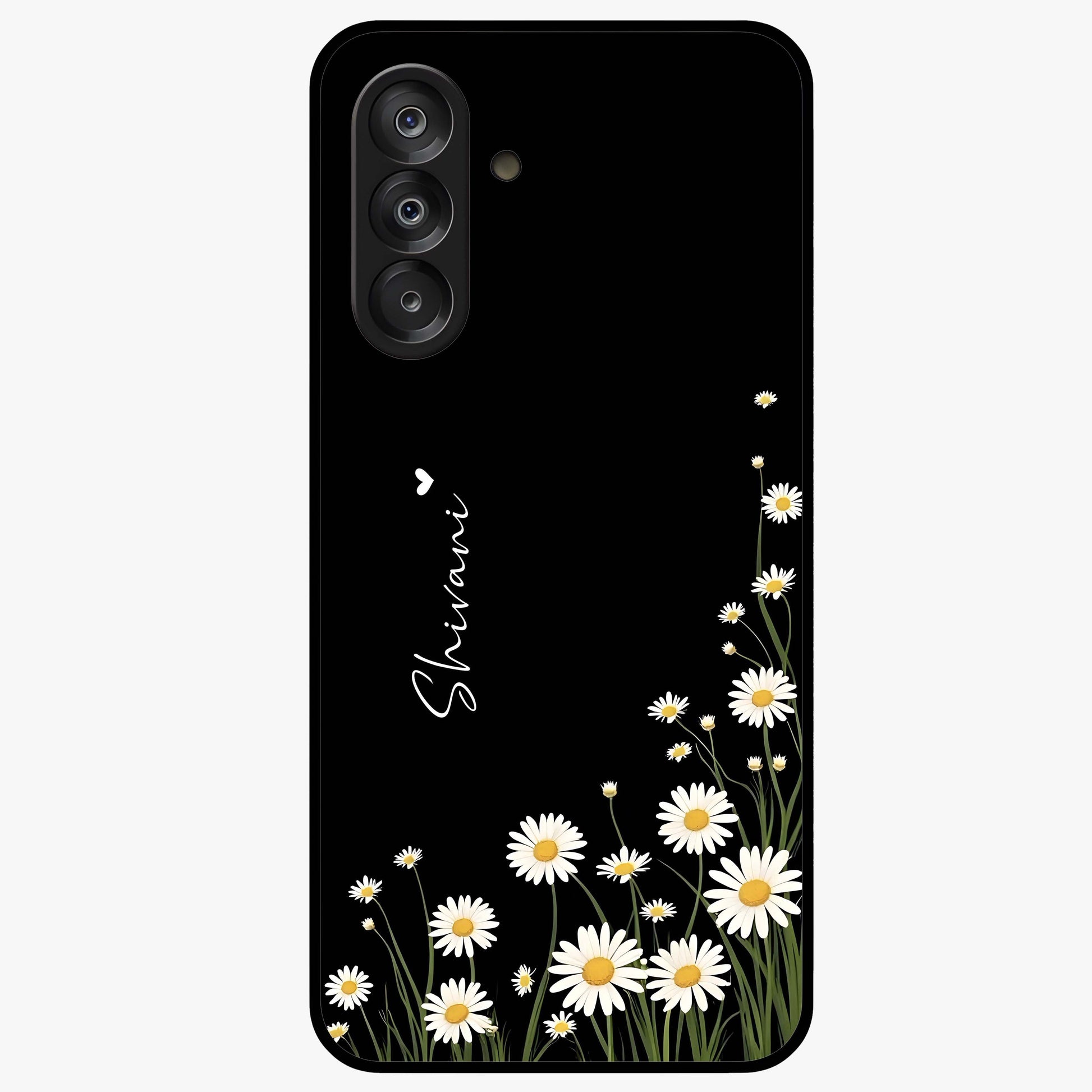 Daisy Cascade Custom Name Glass Case showing flat back view with cascading daisy flowers and personalized name design.