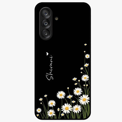 Daisy Cascade Custom Name Glass Case showing flat back view with cascading daisy flowers and personalized name design.