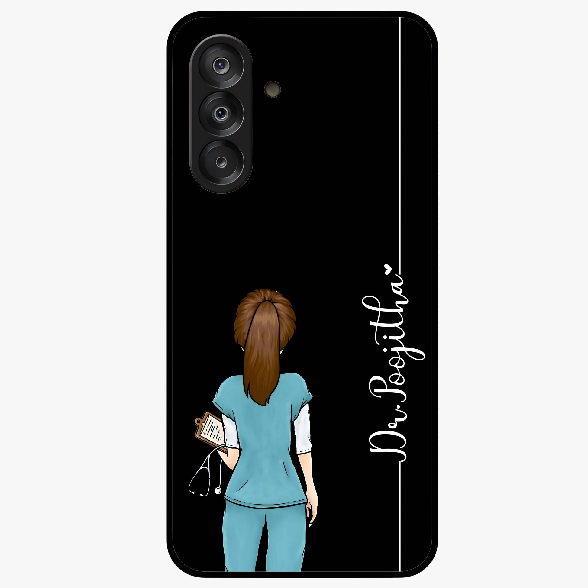 Doctor Pattern Custom Name Glass Case showing flat back view with medical themed pattern and personalized name design.