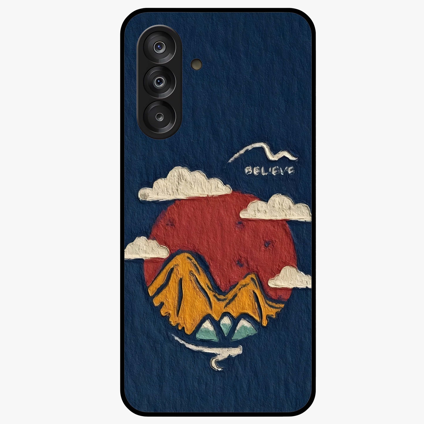 Dream Beyond Mountains Glass Case showing flat back view with scenic mountain landscape artwork and glossy glass finish.
