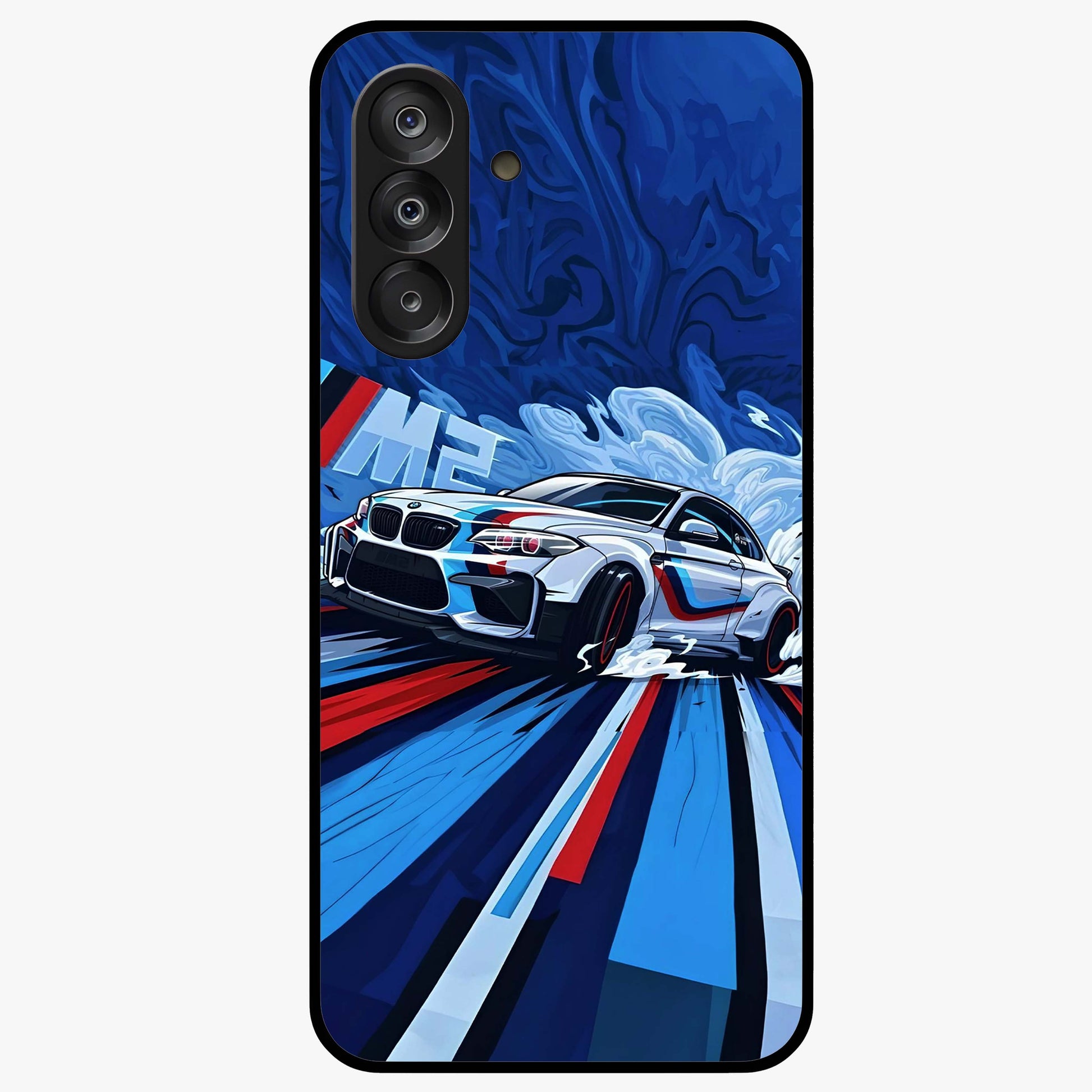 Drift Power Rush Glass Case showing flat back view with dynamic racing inspired artwork and glossy glass finish.