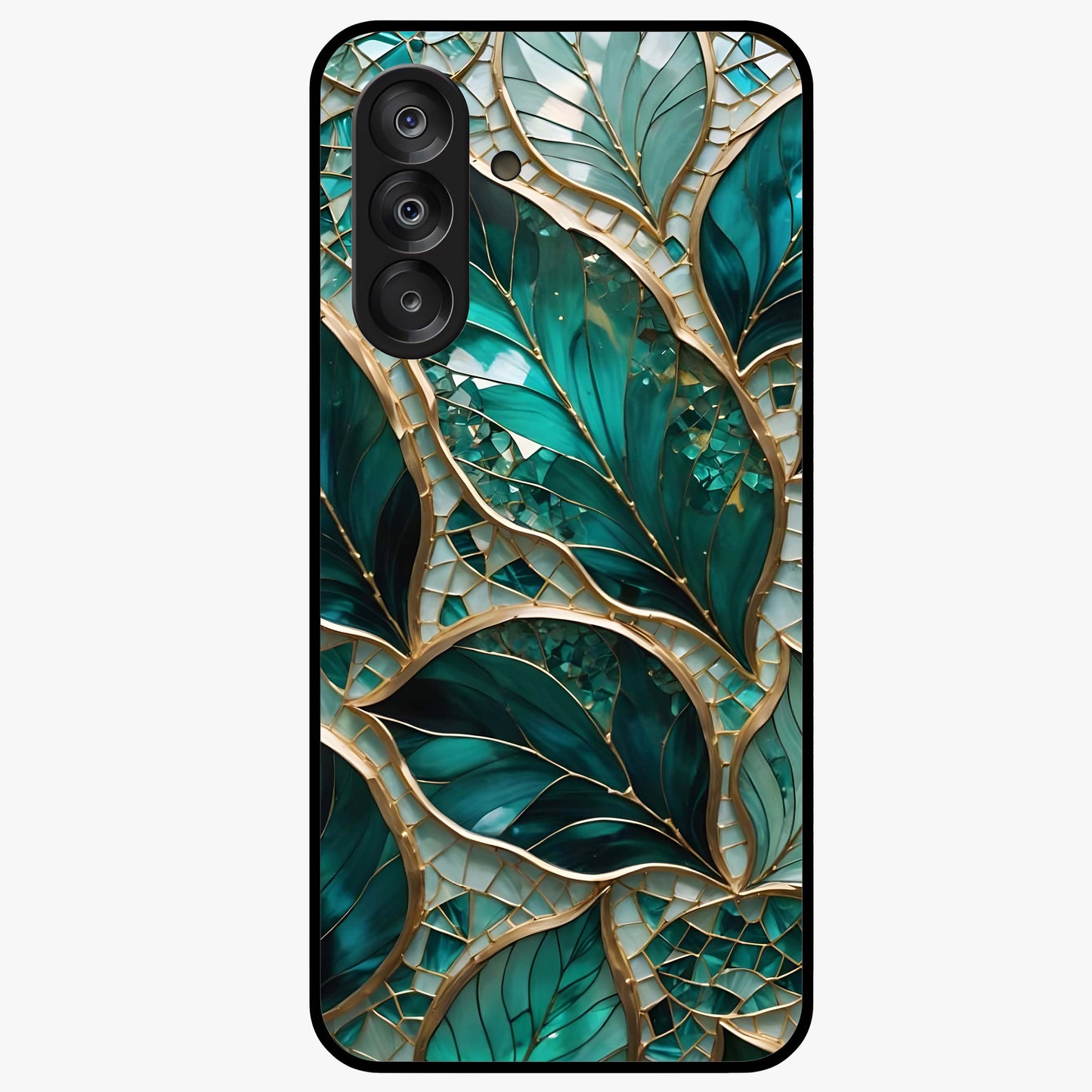 Emerald Leaf Glass Glass Case showing flat back view with emerald green leaf artwork and glossy glass finish.