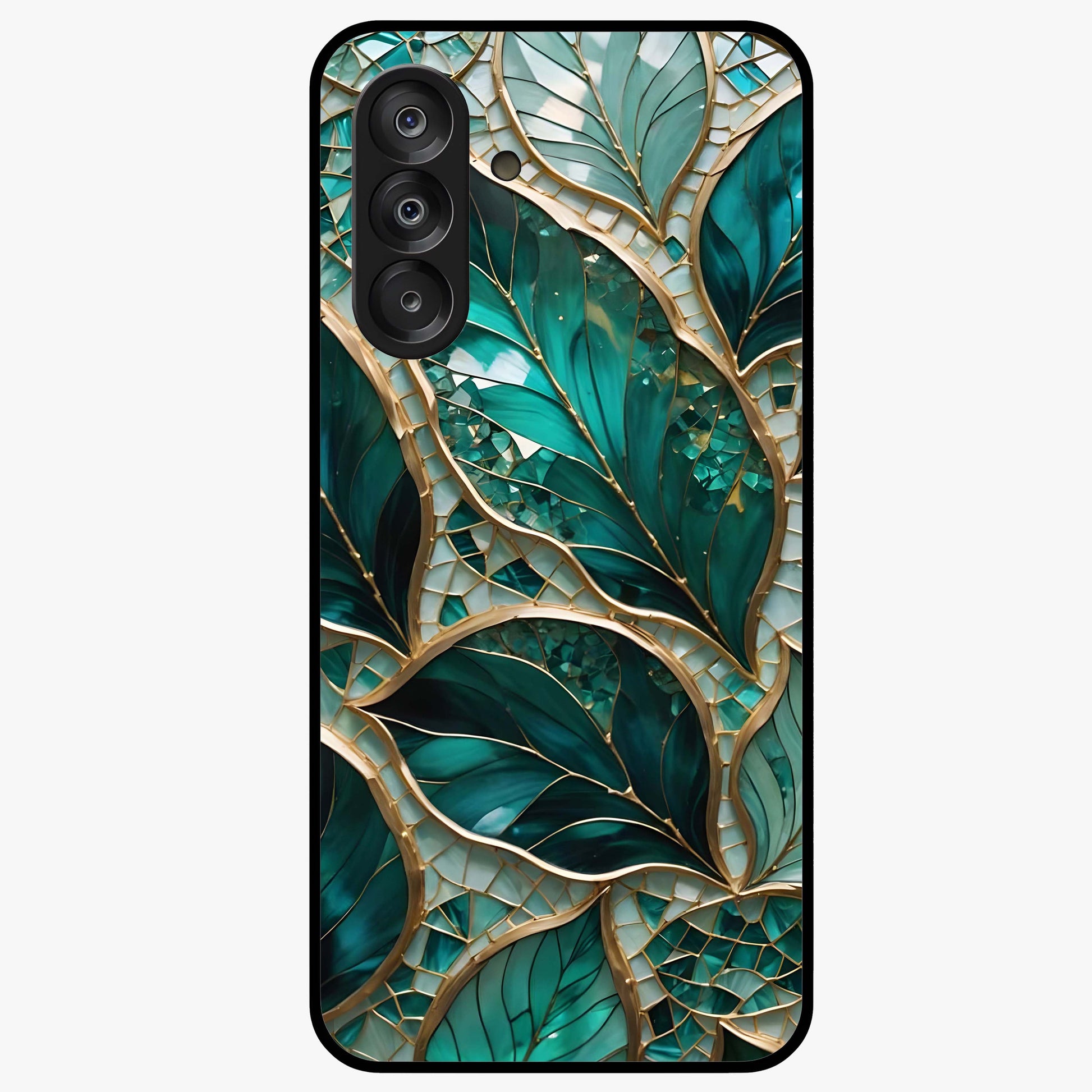 Emerald Leaf Glass Glass Case showing flat back view with emerald green leaf artwork and glossy glass finish.